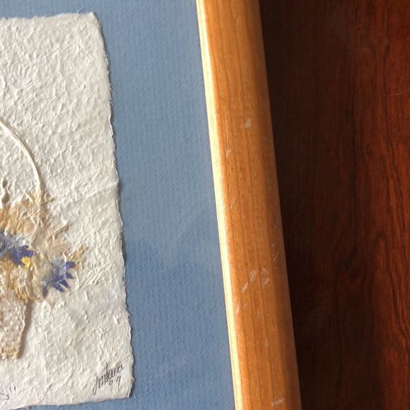 “Wildflowers” 10 1/2 by 11 1/4 framed natural tone wood/ blue mat/ signed - Picture 5 of 10